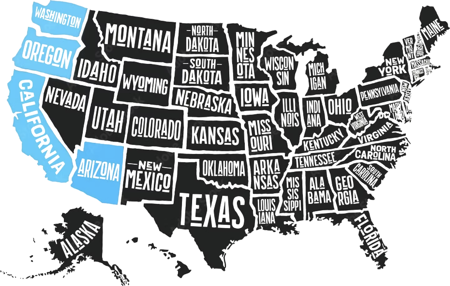 Map of the United States highlighting Oregon, California, and Arizona — the states where Air Bungalow operates.